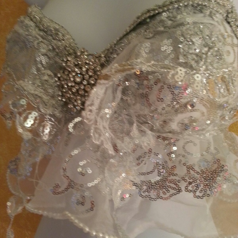 Silver Sequin Organza Crystal Babydoll Crop Top - Picture 3 of 6